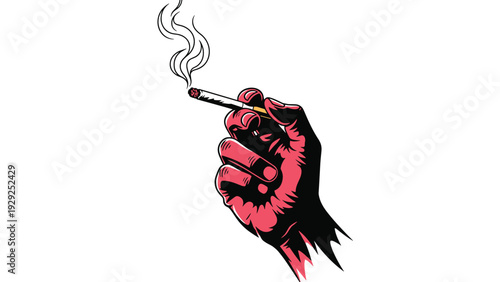 Stylized red hand holding a lit cigarette with rising smoke curls against a plain white background symbolizing a harmful habit.