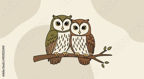 Two Cartoon Owls Perching on Branch.