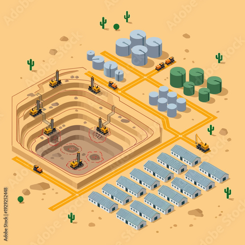 3D Isometric Mining Site with Equipment.