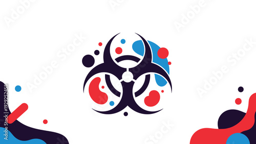 Bold black biohazard symbol set against a colorful abstract background with fluid shapes representing dangerous biological materials or viruses.
