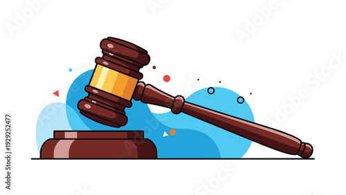 Detailed illustration of a wooden judge gavel resting on its block against a blue abstract background representing law, justice, and authority.