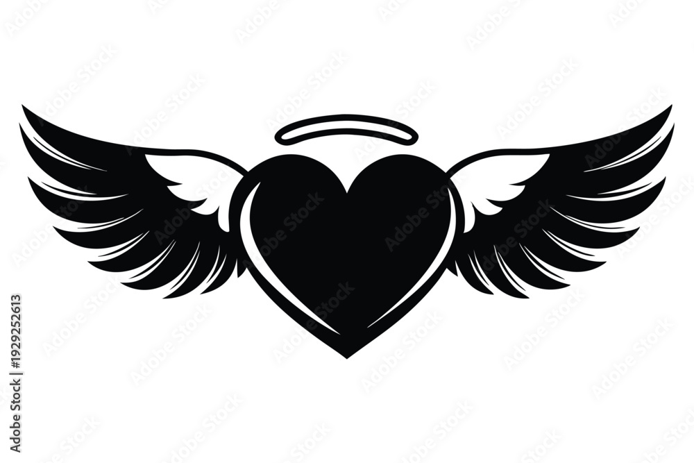 Fototapeta premium heart with angel wings silhouette line art vector illustration
