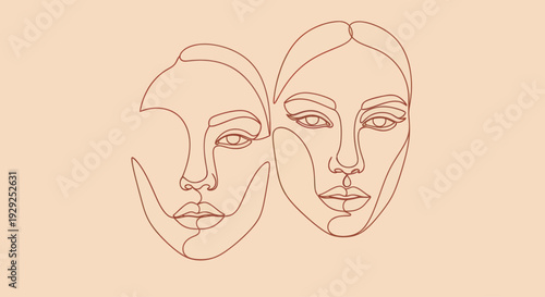 Dual Female Faces Line Art Illustration.