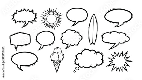 Speech Bubbles and Summer Fun: A collection of diverse speech bubbles, an ice cream cone, a surfboard, and a sun illustration represent communication, ideas, and summer leisure activities.