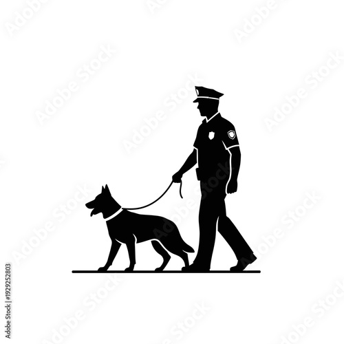 Police Officer with K9 Dog Silhouette – Law Enforcement Patrol Vector Illustration
