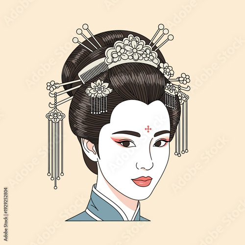 Elegant Geisha Portrait with Traditional Hair Ornaments and Makeup