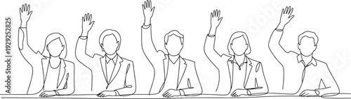 Continuous one line drawing of a diverse business team raising their hands for voting volunteering or participation during a corporate office meeting