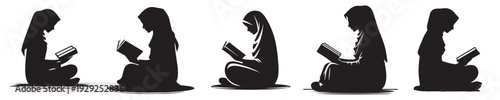 vector silhouette of a Muslim woman sitting reading the Quran side view