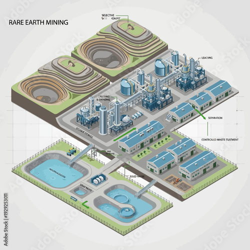 Rare Earth Mining Facility Illustration Diagram.