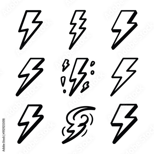 Electric Icons: A striking collection of hand-drawn lightning bolt icons, perfect for conveying energy, power, and dynamic action.