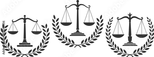 Scales of justice illustration, laurel wreath symbol, law balance icon, fairness, legal authority, judicial system, honor, integrity, victory, achievement