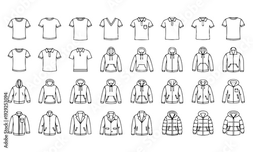 Clothing Outline Icon Set – T-Shirt, Polo Shirt, Hoodie, Jacket and Coat Templates
