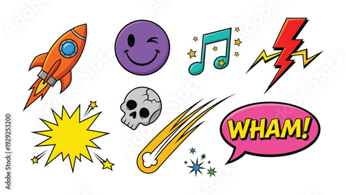Comic Elements: Vibrant collection of comic-style icons, including a rocket, winking smiley face, musical note, lightning bolt, explosion, skull, comet, and a WHAM! speech bubble.