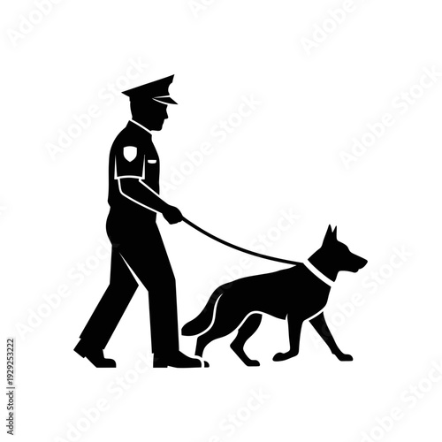 Police Officer with K9 Dog Silhouette – Law Enforcement Patrol Vector Illustration