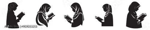 half body vector silhouette of a Muslim woman reading the Quran side view