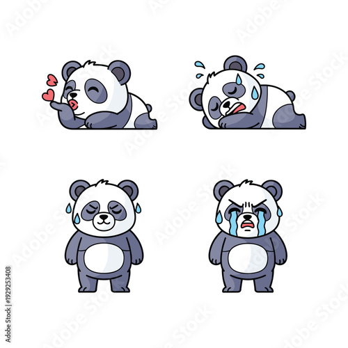 Crying cartoon panda with different emotions and heartbreak