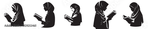half body vector silhouette of a Muslim woman reading the Quran side view