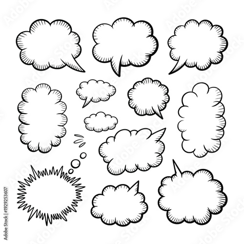 Comic Speech Bubbles: A collection of various comic speech bubbles, perfect for conveying thoughts, dialogue, and ideas in a dynamic visual manner. 