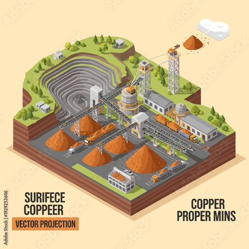 Copper Mine Isometric Vector Illustration.