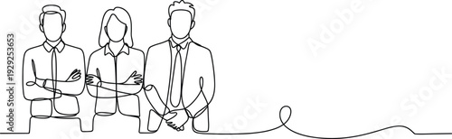 Continuous one line drawing of a professional business team standing together with crossed arms representing leadership and corporate success