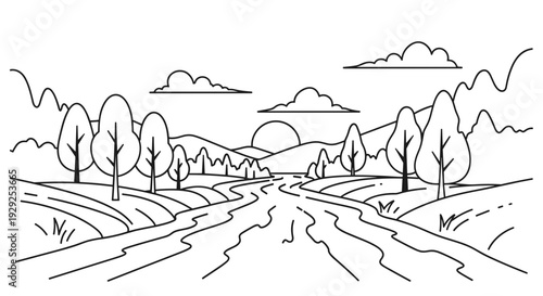 Countryside landscape with trees and hills.