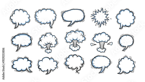 Comic Bubbles and Speech Icons: Dynamic collection of hand-drawn comic bubbles and speech icons. Ready to add that punch to your project, each unique form expresses diverse emotions and tones. 