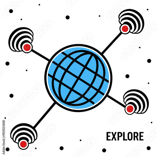 Stylized world globe connected to four signal transmitter stations against dotted background with explore text representing global connectivity map