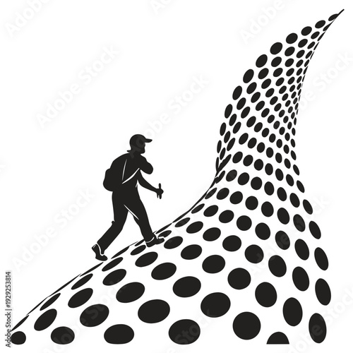 Silhouette man hiking up a wavy, textured path with a backpack, black and white abstract design, journey exploration concept