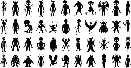 Big set of alien and monster silhouettes, fantasy demon creatures characters collection isolated on white background illustration