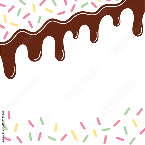 Chocolate melting glaze background with colorful sprinkles on white surface for bakery design sweet food pattern dark brown drip texture wallpaper
