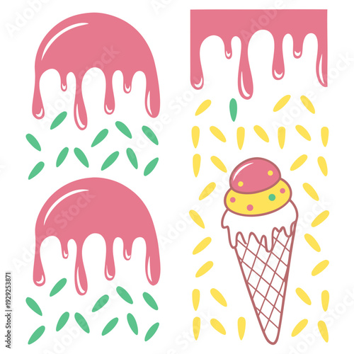 Ice cream cone and strawberry melting glaze with sprinkles pattern set for sweet dessert packaging design bakery menu illustration isolated elements
