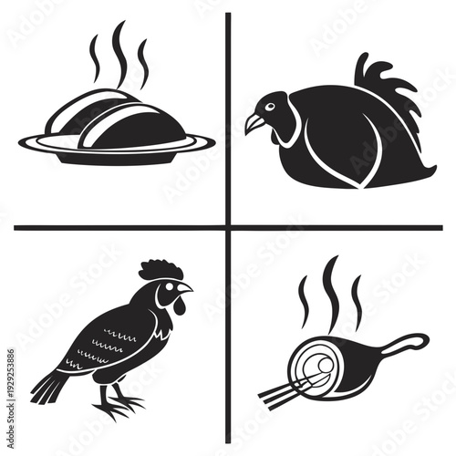 Collection of four black and white chicken and food icons in square layout including whole roasted chicken, chicken head, raw chicken leg, and prepared meat dish