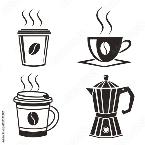 Various coffee cup designs and moka pot silhouette set for espresso shop branding black and white hot beverage symbols isolated on white background