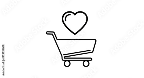 A shopping cart with a heart symbol above it representing love for shopping or purchases.