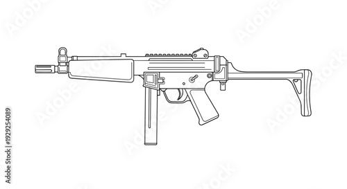 Detailed Line Drawing of Assault Rifle.