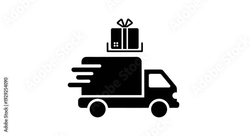 Black and white illustration of a delivery truck carrying a gift box on its roof