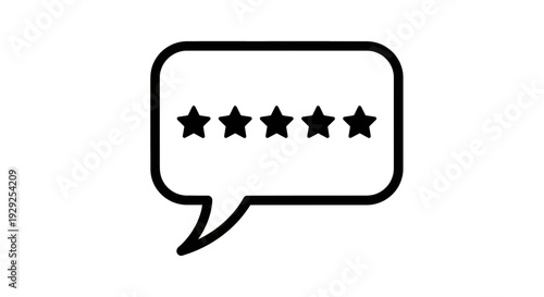A graphic of a speech bubble containing five black star icons representing ratings or reviews.