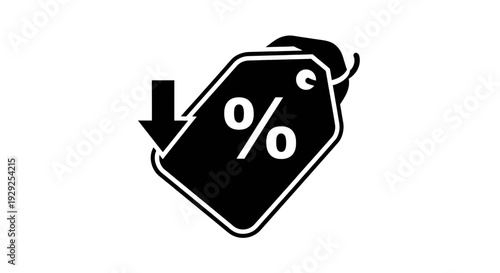 Black and white discount sale tag with downward arrow indicating a price reduction offer