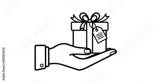A hand presenting a gift box with a decorative ribbon and tag.