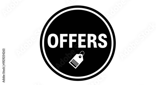 Black circular badge displaying offers with a price tag icon inside