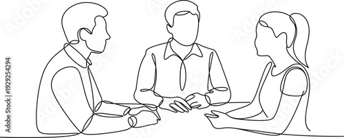 Continuous one line drawing of business executives in a formal meeting discussing strategy with leader standing and presenting documents for corporate collaboration