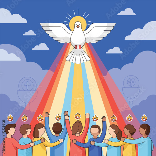 A stylized dove radiates light onto a group of people