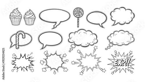 Pop Art Speech Bubble Collection: A playful assortment of pop art-style speech bubbles and sweet treats, perfect for conveying messages with flair and whimsy.