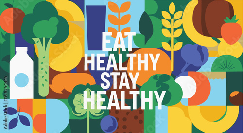 Healthy Eating Message in Vibrant Flat Design with Bright Colors on Collage Background for Wellness Promotion