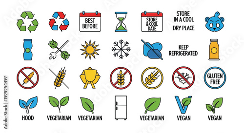 Collection of various food label icons and symbols for packaging and dietary information display on products