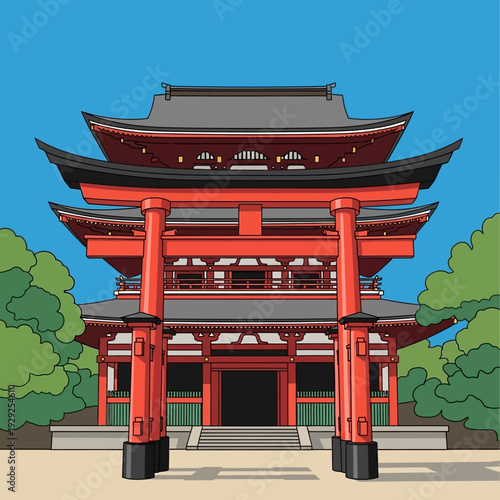 Vibrant Japanese Temple Entrance with Red Torii Gate and Lush Green Trees