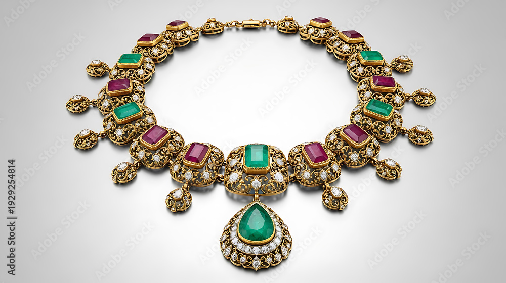 Obraz premium Exquisite gold necklace with emeralds, rubies, and diamonds