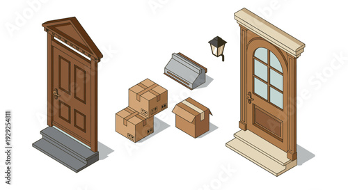 isometric set of classic wooden doorways with steps and cardboard boxes for delivery illustration