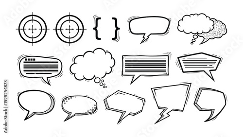 Symbolic Speech Bubbles: A collection of various speech bubbles and target icons ready to represent diverse thoughts and ideas.