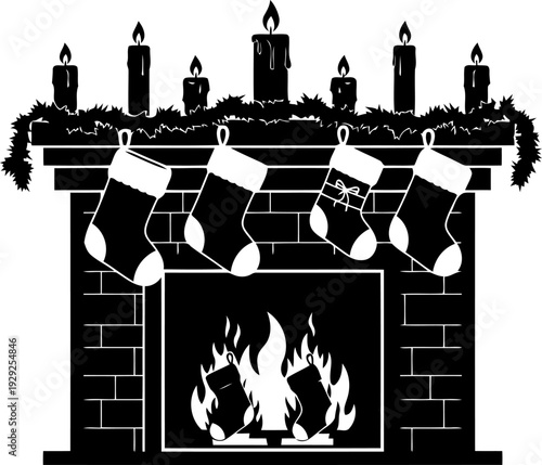 Silhouette of Fireplace with Hanging Stockings  on Transparent Background.